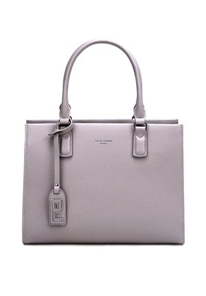 Lavendelfarbene strukturierte Lederhandtasche mit zwei Griffen, einem hängenden Logoanhänger und „David Jones Paris“ in der Mitte vorne geprägt.