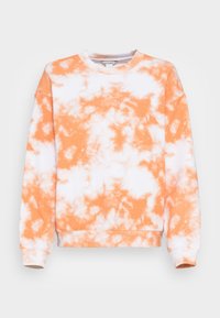 Sudadera de cuello redondo en un patrón de tie-dye naranja y blanco, con un ajuste relajado, mangas largas y puños y dobladillo acanalados. Material de algodón suave.