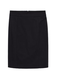 Jupe crayon noire longueur genou avec détails de couture avant et taille, présentée sur fond blanc.