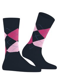 Calze nere in cotone con un motivo argyle rosa e dettagli blu. Design alto con una texture morbida e punta rinforzata.