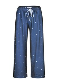 Marina blå pyjamasbyxor med ett vitt stjärnmönster, elastisk midja med dragsko, vida ben och mjukt tyg.