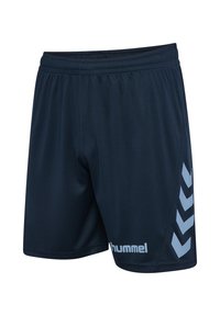 Marineblaue Polyester-Sportshorts mit elastischem Bund, seitlichen Chevron-Akzenten in Hellblau und "hummel"-Logo am Saum.