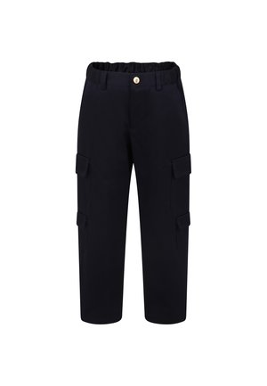 Marine Cargo-Hose mit elastischem Bund, Knopfverschluss, zwei Seitentaschen und zwei Cargotaschen an den Oberschenkeln. Glatte Stofftextur.