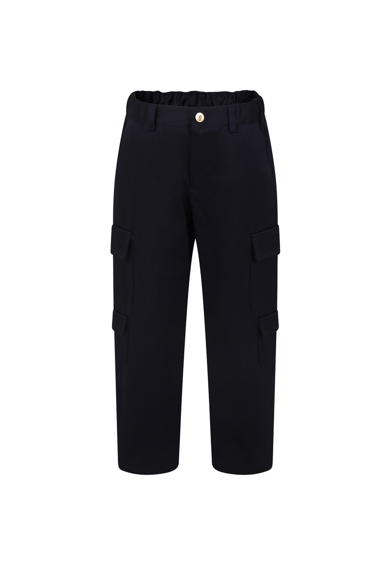 Marine Cargo-Hose mit elastischem Bund, Knopfverschluss, zwei Seitentaschen und zwei Cargotaschen an den Oberschenkeln. Glatte Stofftextur.