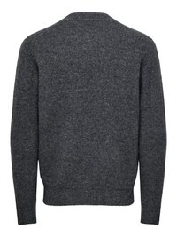 Gray knitted sweater with a simple round neck, long sleeves, and ribbed cuffs, showcasing a textured, heathered finish on the back.