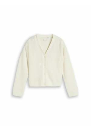 Off-white gestrickter Cardigan mit langen Ärmeln, V-Ausschnitt, gerippten Bündchen und Saum, mit vier Knöpfen vorne zum Verschließen.