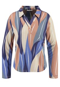 Långärmad polo tröja med ett flerfärgat abstrakt lövmönster i beige, blått och marinblått, med krage och tre knappslå.