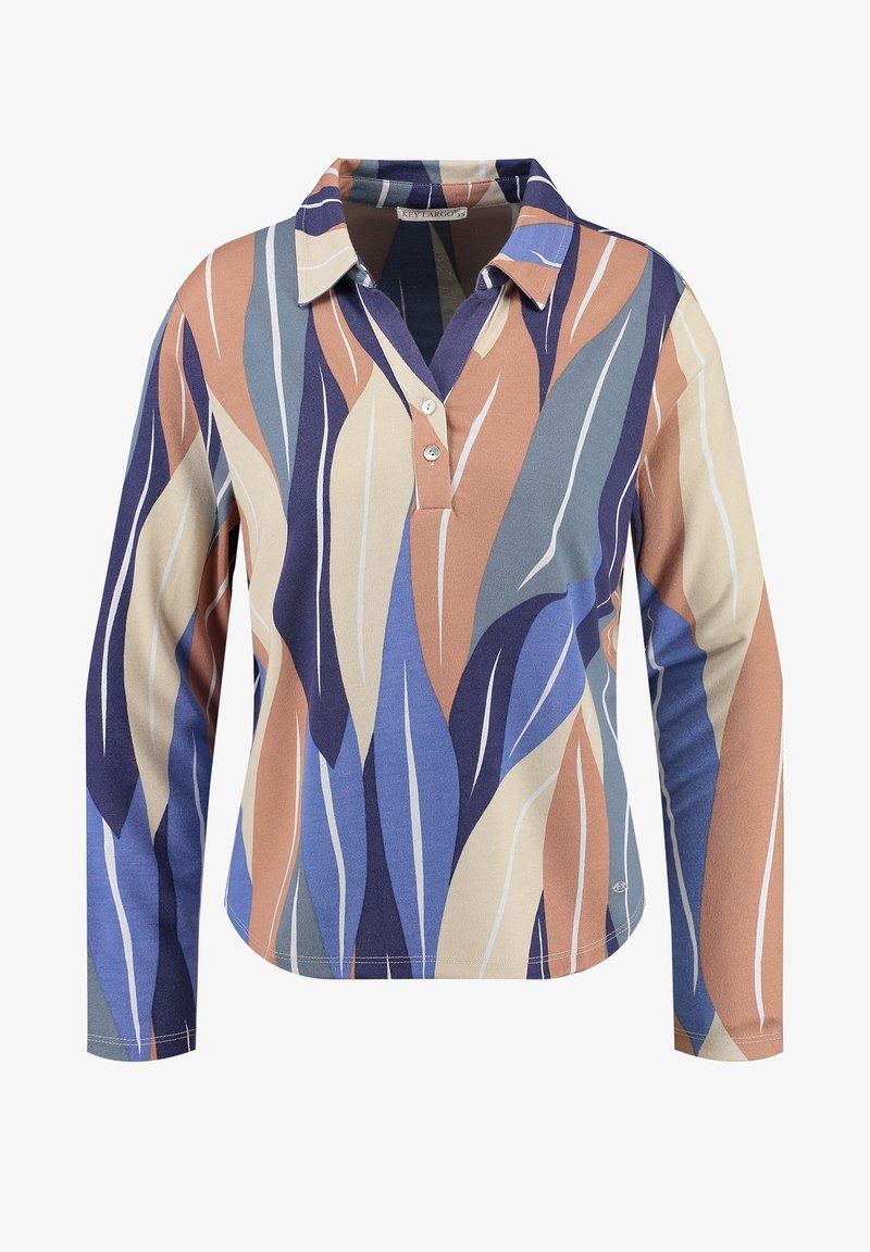 Långärmad polo tröja med ett flerfärgat abstrakt lövmönster i beige, blått och marinblått, med krage och tre knappslå.