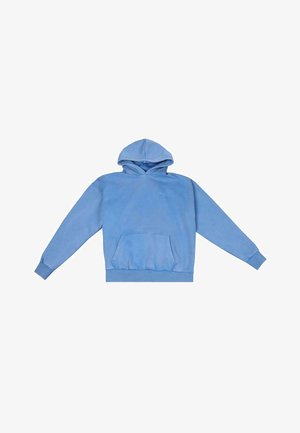 Hoodie en coton bleu avec une poche frontale, capuche ajustable, poignets et ourlet côtelés. Présente une broderie de logo discrète sur la poitrine.