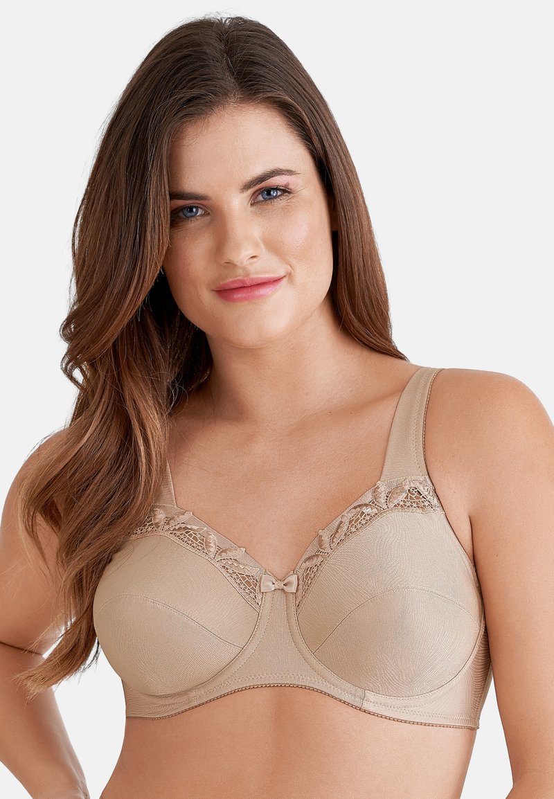 Beige beha met kantafwerking en een textuur, met gestructureerde cups, een decoratieve strik in het midden en brede verstelbare schouderbanden.