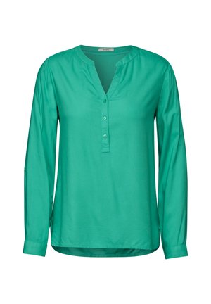 Green long-sleeve blouse with a soft texture, V-neckline, button placket, and rolled cuffs. Smooth fabric and loose-fitting design.