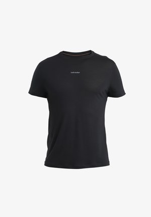 Zwart T-shirt met korte mouwen, gemaakt van lichtgewicht materiaal. Heeft een ronde halslijn en een klein wit logo op de borst.