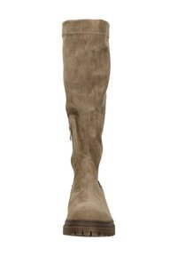 Kniehoge beige suède laarzen met een gladde textuur, achterkant ritsdetail en een dikke rubberen zool. Heeft een ronde neus en subtiele stiksels.