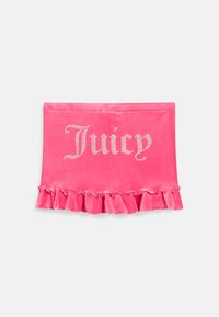 Rosa sammetskjol med volangkant, med "Juicy" i strass över framsidan i en dekorativ kursiv stil. Slät textur.