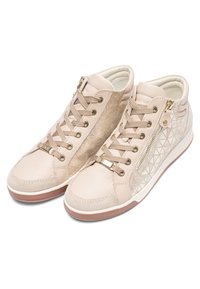 Light beige high-top sneakers with textured geometric side panels, matching laces, gold zipper and metal lace tag, white soles with brown edges.