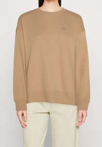 Sudadera marrón de gran tamaño con cuello y puños acanalados, que presenta un pequeño logotipo bordado en el lado izquierdo del pecho. Textura de tela suave.