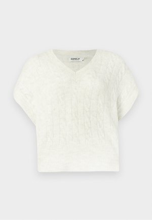 Witte kabelgebreide trui met een V-hals, korte mouwen, geribde onderrand en een textuurpatroon. Gemaakt van zacht, gebreid materiaal.