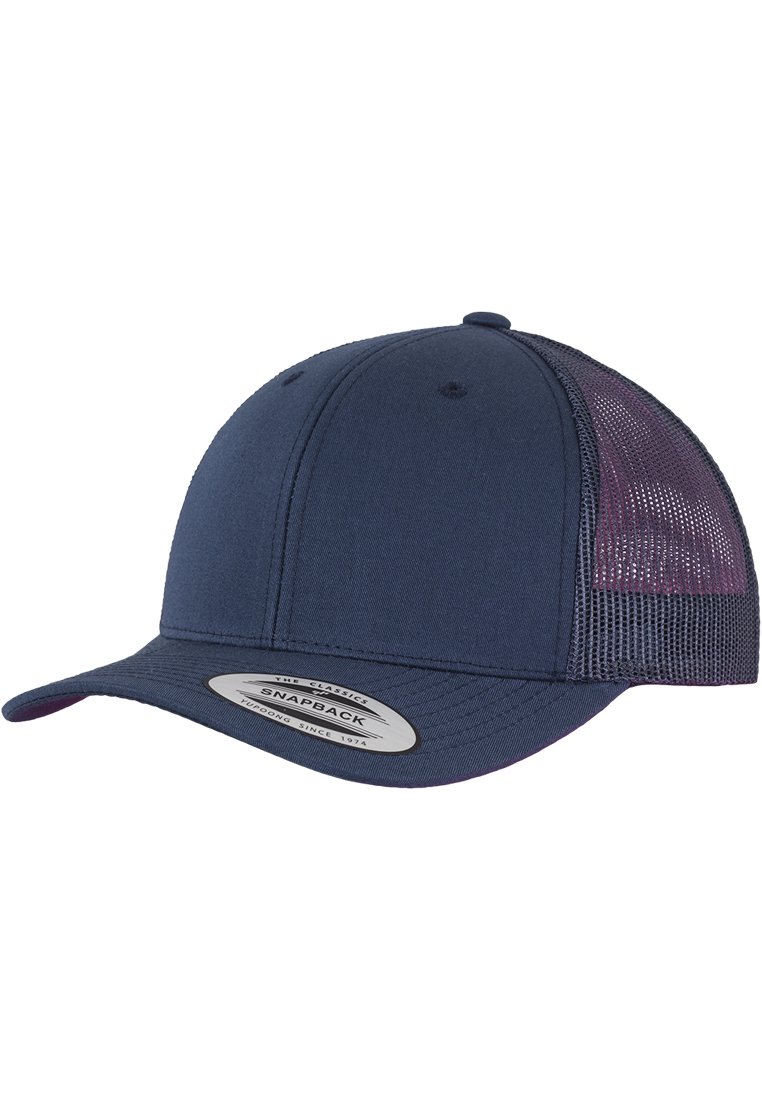 Cappellino snapback blu navy con visiera curva, parte frontale in tessuto solido e pannelli posteriori in rete. Presenta un logo circolare ricamato sulla visiera.