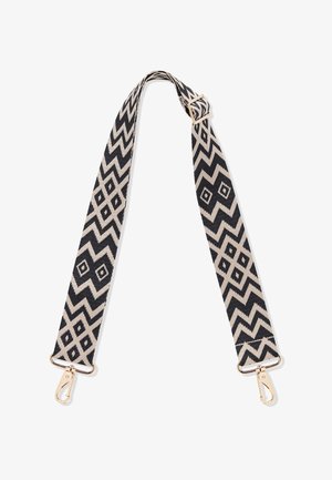 Vævet sort og beige rem med et zigzag-mønster, samt metallic guld hardware og clips i hver ende til fastgørelse.