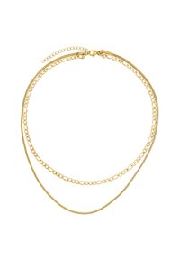 Goldene mehrlagige Halskette mit verschiedenen Kettenmustern, darunter eine Fischgrät- und eine ovale Gliederung, mit einem sicheren Verschluss.