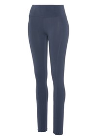 Marineblaue Leggings aus dehnbarem Stoff, mit hohem Bund, figurbetontem Design und nahtloser Verarbeitung für Komfort und Flexibilität.