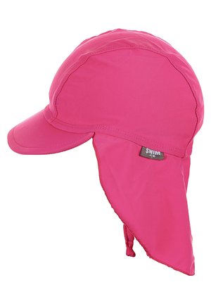 Pink swim cap with a curved brim and extended neck flap. Made of lightweight, smooth material, features stitched edges and back adjustment strap.