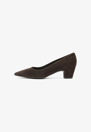 Dark brown suede low-heeled women's pump with pointed toe and block heel, shown in side profile on white background.