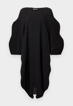 Black textured midi dress with round neckline, voluminous sculptural puff sleeves, and asymmetrical hem.