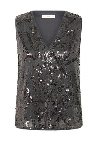 Ujjatlan felső mély V-nyakkal, sötét flitterekkel borítva. Szürke, sima szövet hátterű, fémes részletekkel.