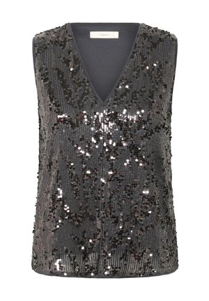 Majica bez rukava s dubokim V-izrezom, prekrivena tamnim šljokicama. Ima glatku tkaninu u pozadini u sivoj boji s metalik naglascima.