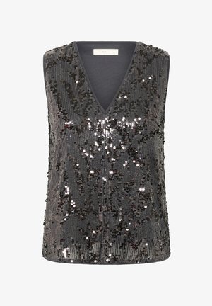 Top sin mangas con escote en V profundo, cubierto de lentejuelas oscuras. Presenta un fondo de tela lisa en gris con toques metálicos.