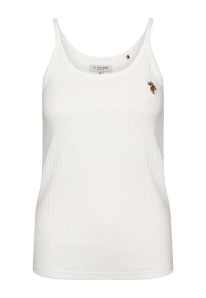 Balta ribota tanktopa ar plānām lencītēm, priekšpusē ar nelielu izšūtu logotipu. Izgatavota no viegla kokvilnas maisījuma.