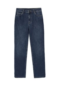 Jeans de mezclilla azul oscuro con un diseño de corte recto, que presentan cinco bolsillos, un cierre de botón y detalles de costura sutiles en las costuras.
