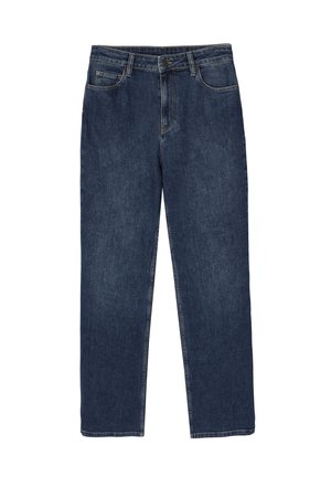 Dunkelblaue Denim-Jeans mit geradem Schnitt, die über fünf Taschen, einen Knopfverschluss und dezente Nähte an den Säumen verfügen.
