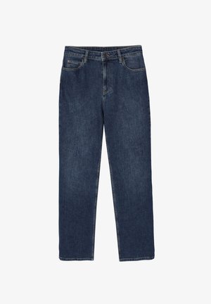 Tamno plave traperice s ravnim krojem, s pet džepova, dugmetom za zatvaranje i suptilnim šavovima na šavovima.