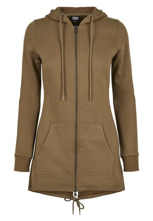 Maslinasto zelena zip-up dukserica izrađena od mekanog materijala, s kapuljačom na vezanje, dva prednja džepa i rebrastim manžetama.