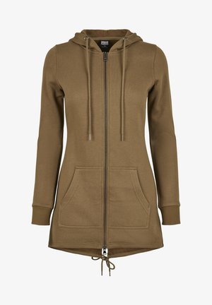 Olivově zelená zipová mikina z jemného materiálu, která má stahovací kapuci, dvě přední kapsy a žebrované manžety.