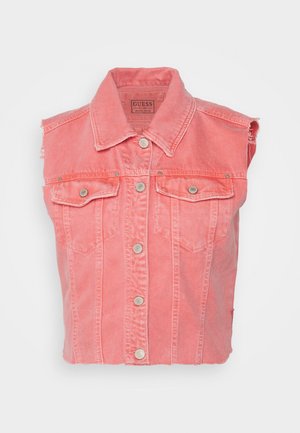 Ärmellose pinke Jeansweste mit Knopfleiste vorne, zwei Brusttaschen mit Klappen und Knöpfen sowie ausgefransten Armlöchern.