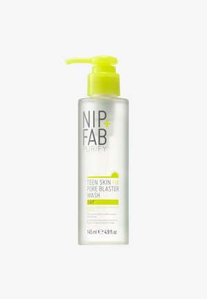 Clear plastic bottle with a bright yellow pump top. Label features bold gray and green text. Contains 145ml of pore blaster wash.