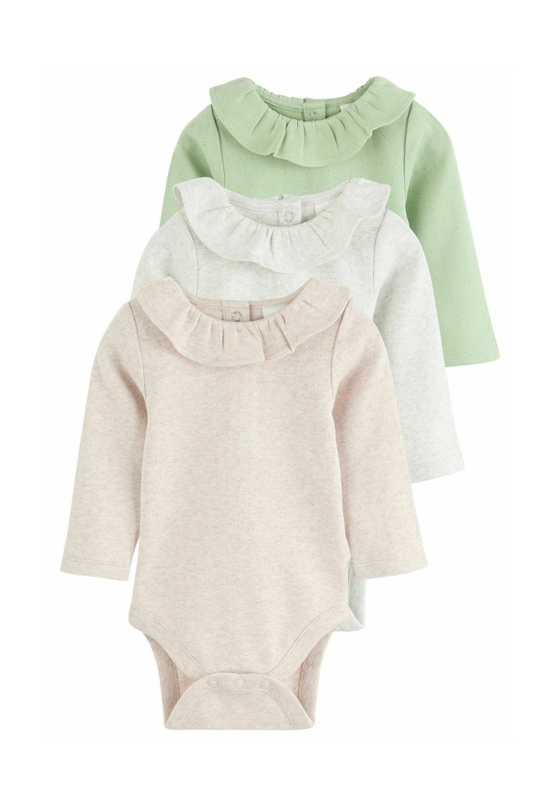 Puuvillased pikad varrukad bodysuit'id rohelises, hallis ja roosas värvitoonis. Igal on frill-krae ja allosas nupud, mis lihtsustavad vahetamist.