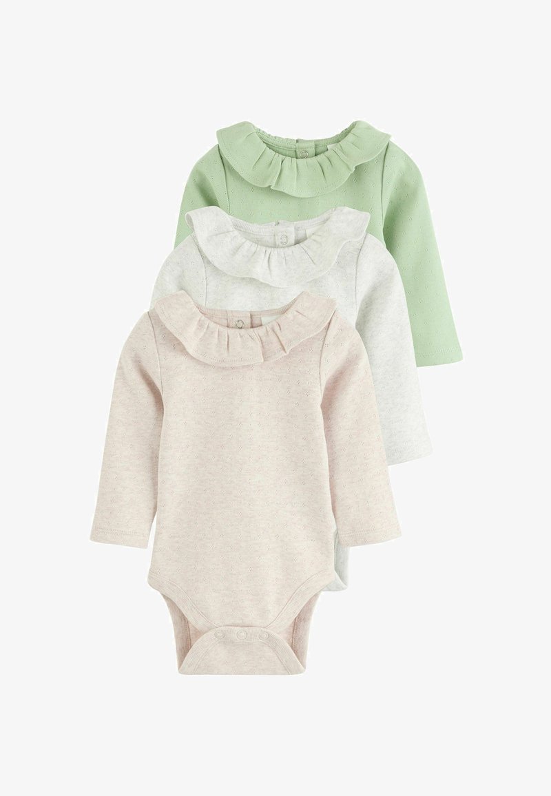 Bavlnené body s dlhým rukávom v zelenej, sivej a ružovej farbe. Každé má volánový golier a patentky na spodnej strane pre jednoduché prebaľovanie.