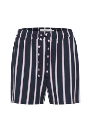 Męskie szorty w paski wykonane z miękkiej bawełny, z granatowym tłem i białymi oraz jasnoróżowymi pionowymi paskami, z elastycznym fasonem w pasie na sznurek.
