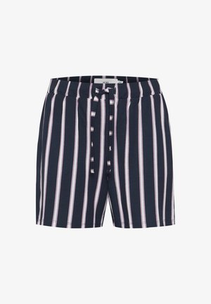 Męskie szorty w paski wykonane z miękkiej bawełny, z granatowym tłem i białymi oraz jasnoróżowymi pionowymi paskami, z elastycznym fasonem w pasie na sznurek.