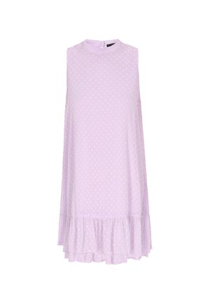 Lavendelfarbenes ärmelloses Kleid mit strukturiertem Punkte-Muster, runder Ausschnitt und rüschengesäumtem Saum. Unsichtbarer Reißverschluss hinten.