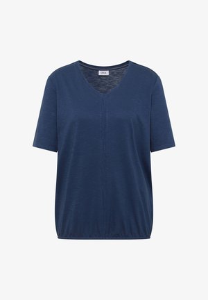 Marineblå bluse med korte ærmer, V-hals, rynket kant og midtersømme detalje fra mærket Cecil.