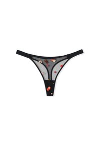 Schwarze Netz-Thong-Unterwäsche mit kleinen mehrfarbigen gestickten Blumenmustern und einem soliden schwarzen elastischen Bund.