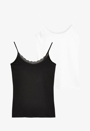 Deux débardeurs en coton noir et blanc. Les deux présentent des bretelles fines et réglables ainsi qu'une bordure en dentelle le long de l'encolure. Texture douce et lisse.