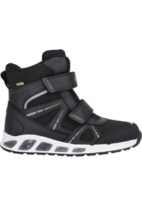 Sorte atletiske high-top sko med vandtæt stof, dobbelte Velcro-remme, sølvaccent og en hvid polstret sål.