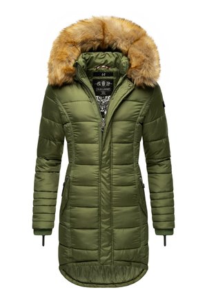 Olijfgroene pufferjas met een faux fur gevoerde capuchon, ritszakken en een lange, getailleerde pasvorm met een gewatteerde textuur.
