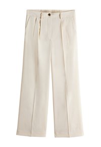 Kermanväriset, korkeavyötäröiset, leveät housut, joissa etuosan laskokset, sivutaskut, napitus ja joustava takavyötärö.